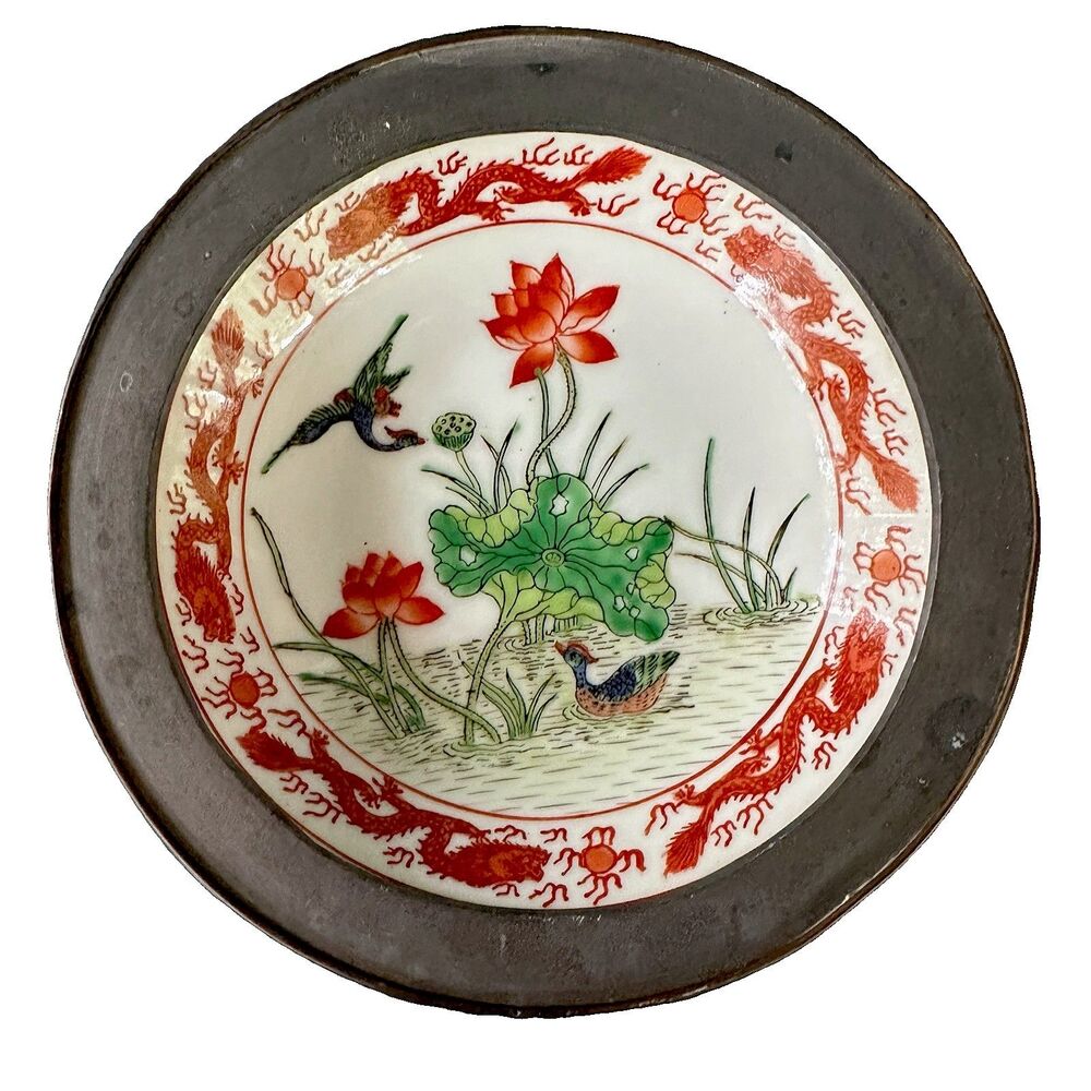 VTG Chinoiserie Porcelain Ashtray Metal Encased Hand Painted Dragon Lotus Durk